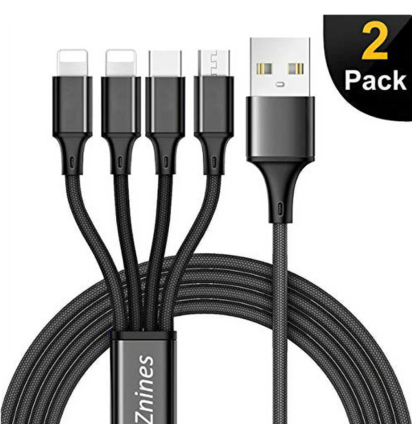 Znines 4' USB A to Type C to Micro USB to Lightning Cable, Black, 2 Pack